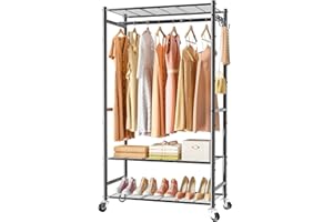 Neatrays Rolling Clothes Rack for Hanging Clothes,Heavy Duty Garment Rack with 3 Tier Wire Shelves,Freestanding Portable Clot