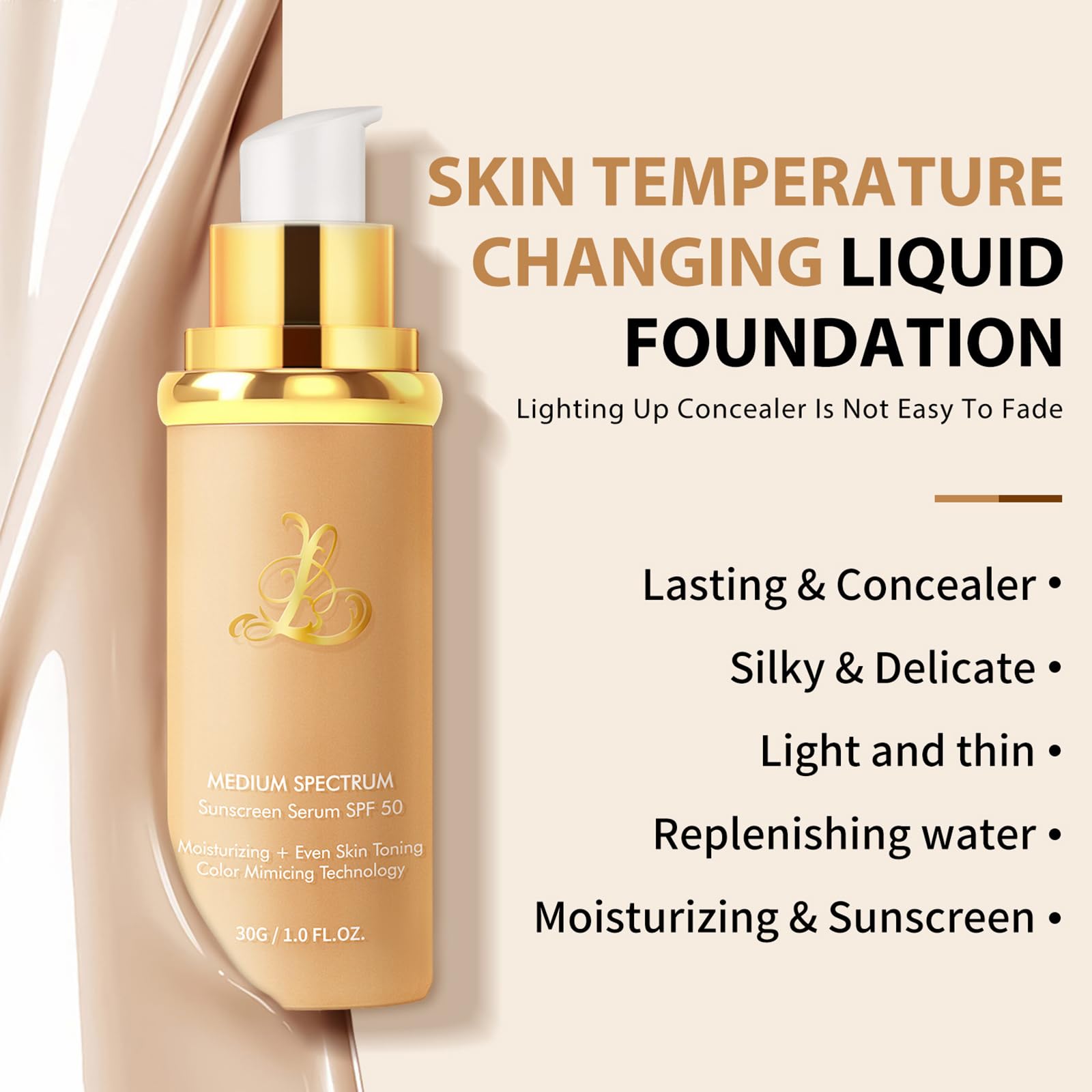 SPRINGSKY Match Foundation 4-in-1 with SPF 50 : Color Changing Foundation Medium Spectrum with 2 Brushes and 2 Cosmetics Sponge - Moisturizing & Concealer Face Makeup for All Skin Types