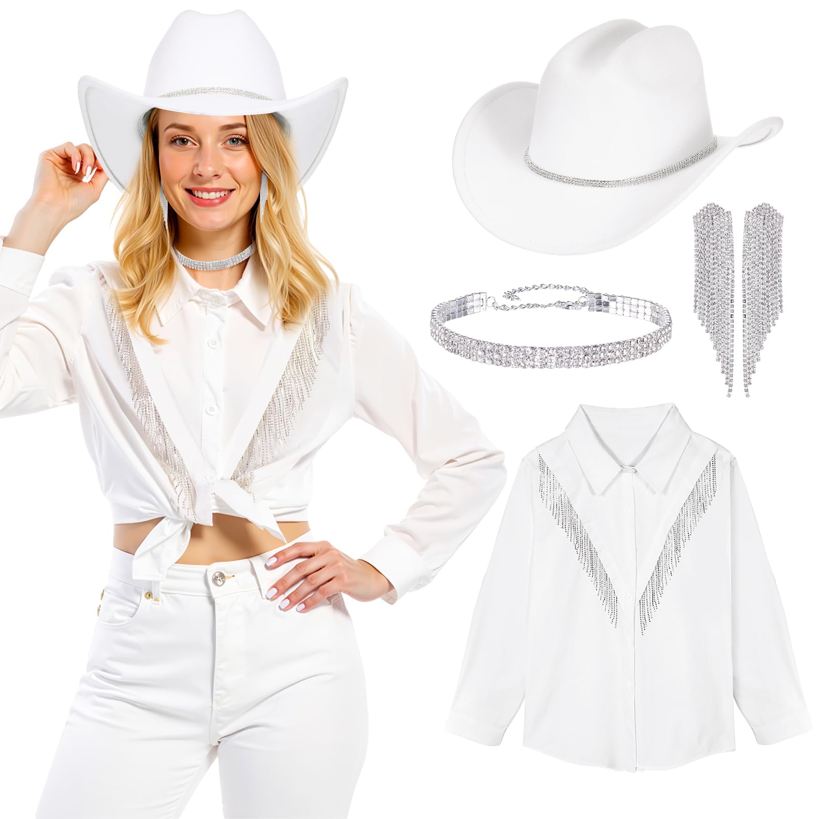 Photo 1 of ***only contains necklace , earrings , and jeans.***Hercicy 4 Pcs Glitter Western Disco Costume for Cowboy Cowgirl, Glitter Rhinestone Fringe Shirt White Hat Silver Jewelry(M)