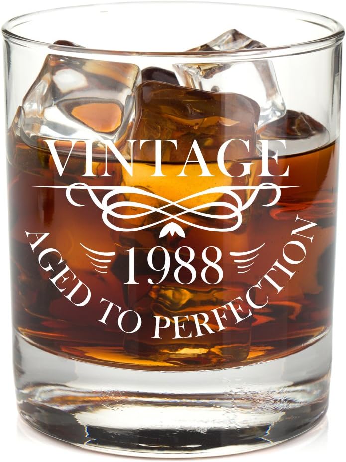 1988 31st Birthday Lowball Whiskey Glass for Men and Women - Vintage Aged To Perfection - Anniversary Gift Idea for Him, Her, Husband or Wife - 31 Year Old Presents for Mom, Dad - 11 oz Bourbon Scotch