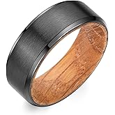 Adreamz 8mm Whiskey Barrel Wood Inlaid Inner Liner Black Stainless Steel Ring Matte Brushed Beveled Edge Fashion Promise Wedding Band for Men Women Comfort Ring Size 14