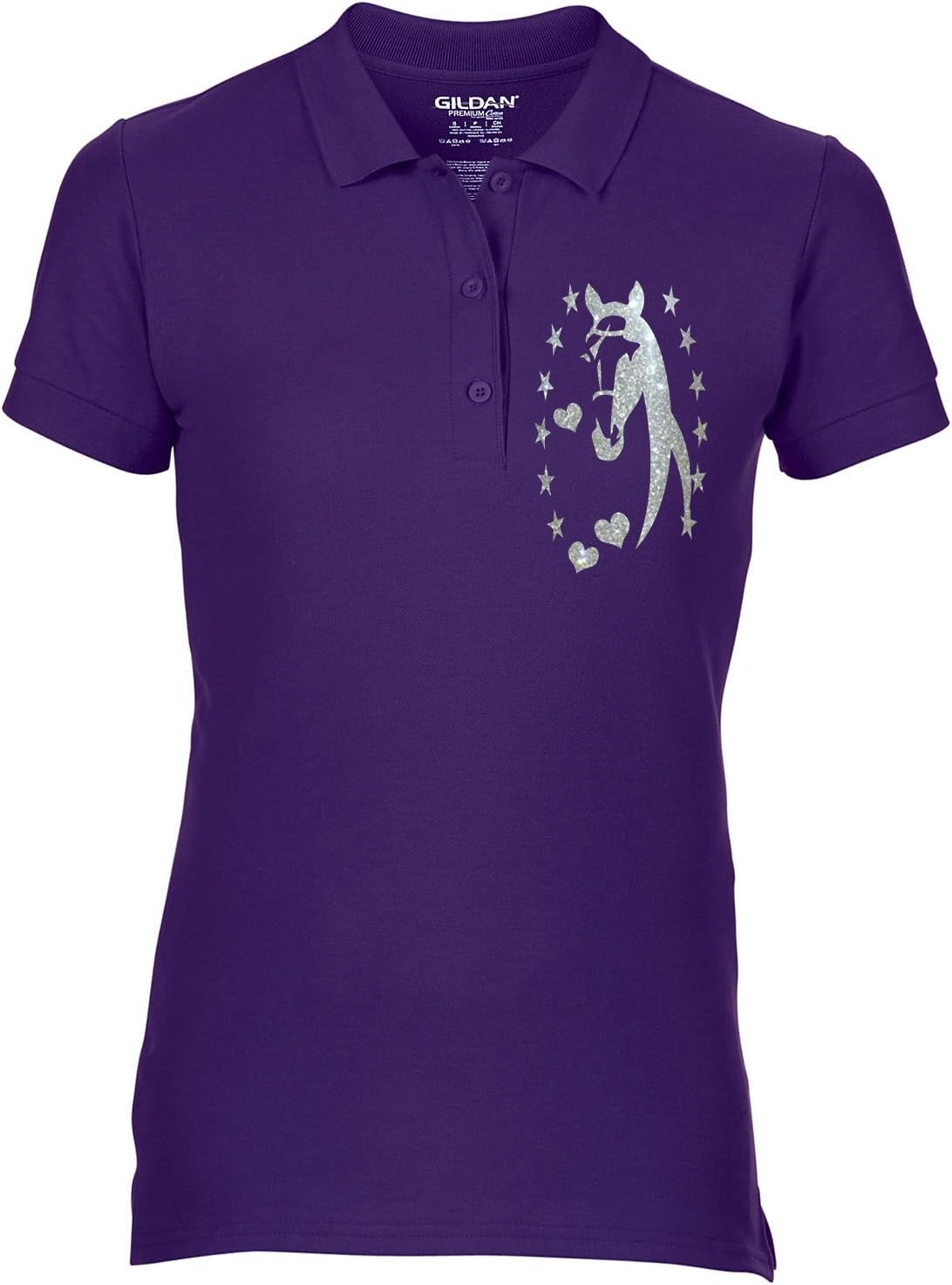 Free P&P Equestrian Equine Horse Riding Ladies Polo Shirt Horse Silhouette Head Stars & Heart Glitter Colour Variations
