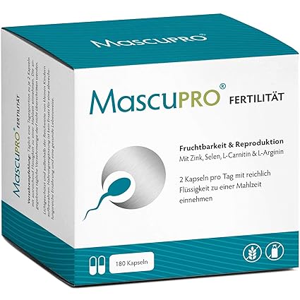MascuPRO Fertilität Mann - Fruchtbarkeit - Spermienproduktion - 180 Kapseln - L-Arginin, L-Carnitin, Folsäure - Kinderwunsch 