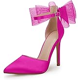 Coutgo Women's Closed Pointed Toe High Heels with Bow Knot Ankle Strap Satin Stiletto Pumps