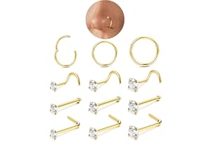 MILACOLATO 12Pcs 18K Gold Nose Ring Stud 316L Surgical Steel Nose Piercing Jewellery CZ Inlaid L-Shape Nose Studs Nose Screws