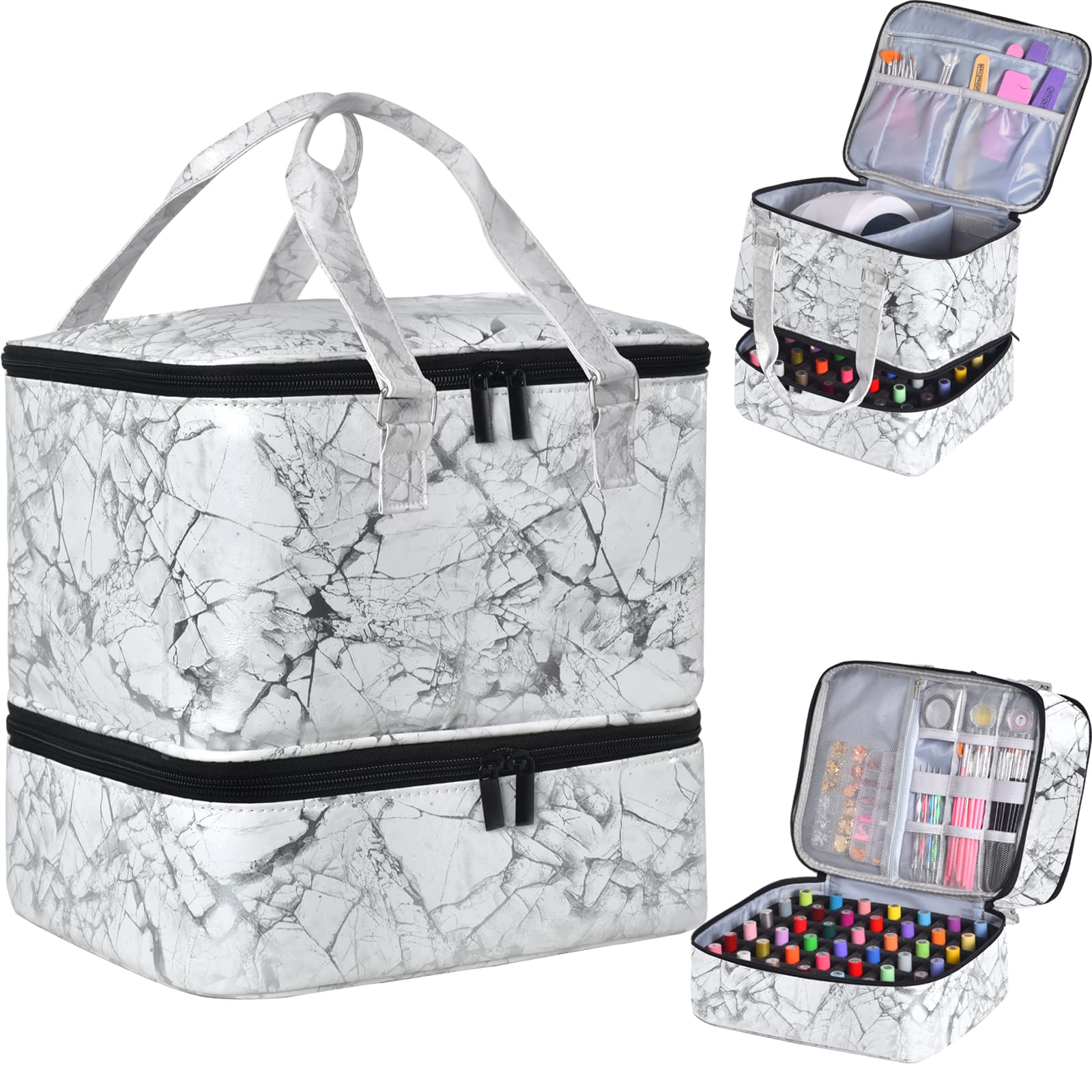 Photo 1 of FCQQYWZ Nail Polish Organizer Case - Holds 42+ Bottles (15ml/0.5 fl.oz) and 1 Nail Lamp, Upgraded Double-layer Nail Polish Carrying Case Nail Polish Storage Bag with Handles (White)