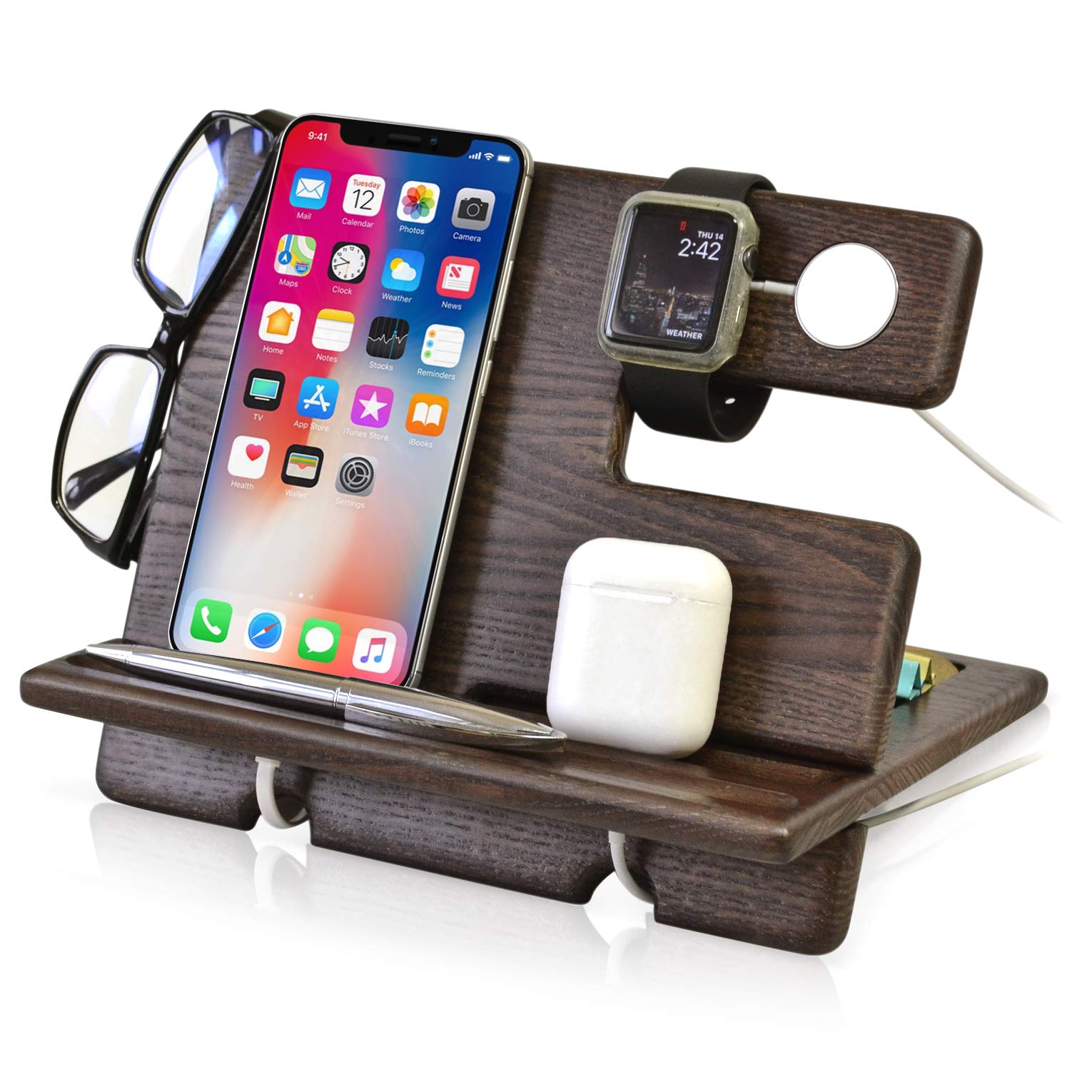TESLYAR Gifts for Men Wood Phone Docking Station Fathers Gifts Xmas gift Gift for Dad Anniversary Birthday presents Nightstand Men's bedside stand Compatible with iPhone iWatch AirPods