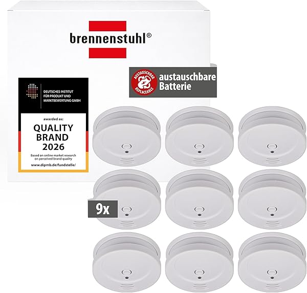 Brennenstuhl Rauchmelder Set, 9X RM C 9010 mit austauschbarer Batterie (geprüft nach EN 14604, durchdringendes Alarmsignal) weiß