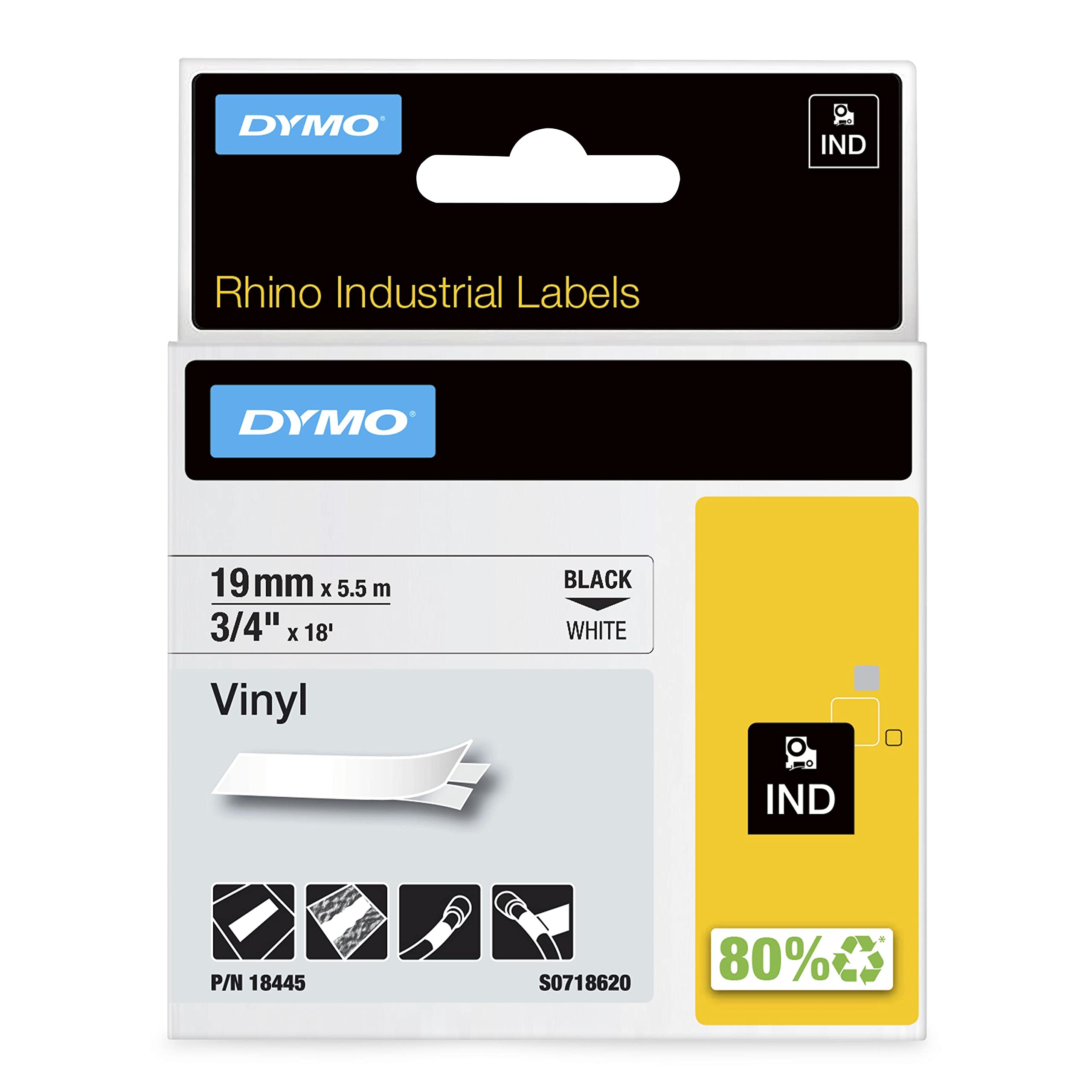 DYMO Rhino Industrial Vinyl Labels | 19 mm x 5.5 m | Black Print on White | Self-Adhesive | for Rhino & LabelManager Label Makers