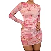 Floerns Women's Graphic Mesh Party Mini Dress Long Sleeve Ruched Night Out Bodycon Dresses
