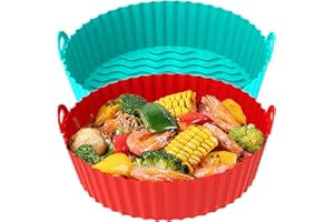 FROVEN Silicone Air Fryer Liners Round 8 inch - Non-Stick, Durable, and Easy Clean - 2pcs (Red and Cyan) Circle Airfryer Liner Accessories Compatible with 3-6QT Air Fryers from Top Brands