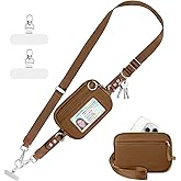 Tiostep Clip and Go Strap for Phone with Wallet Crossbody Phone Lanyard Adjustable and Detachable RFID Wristlet Wallet with ID Window and Zipper, Brown Large