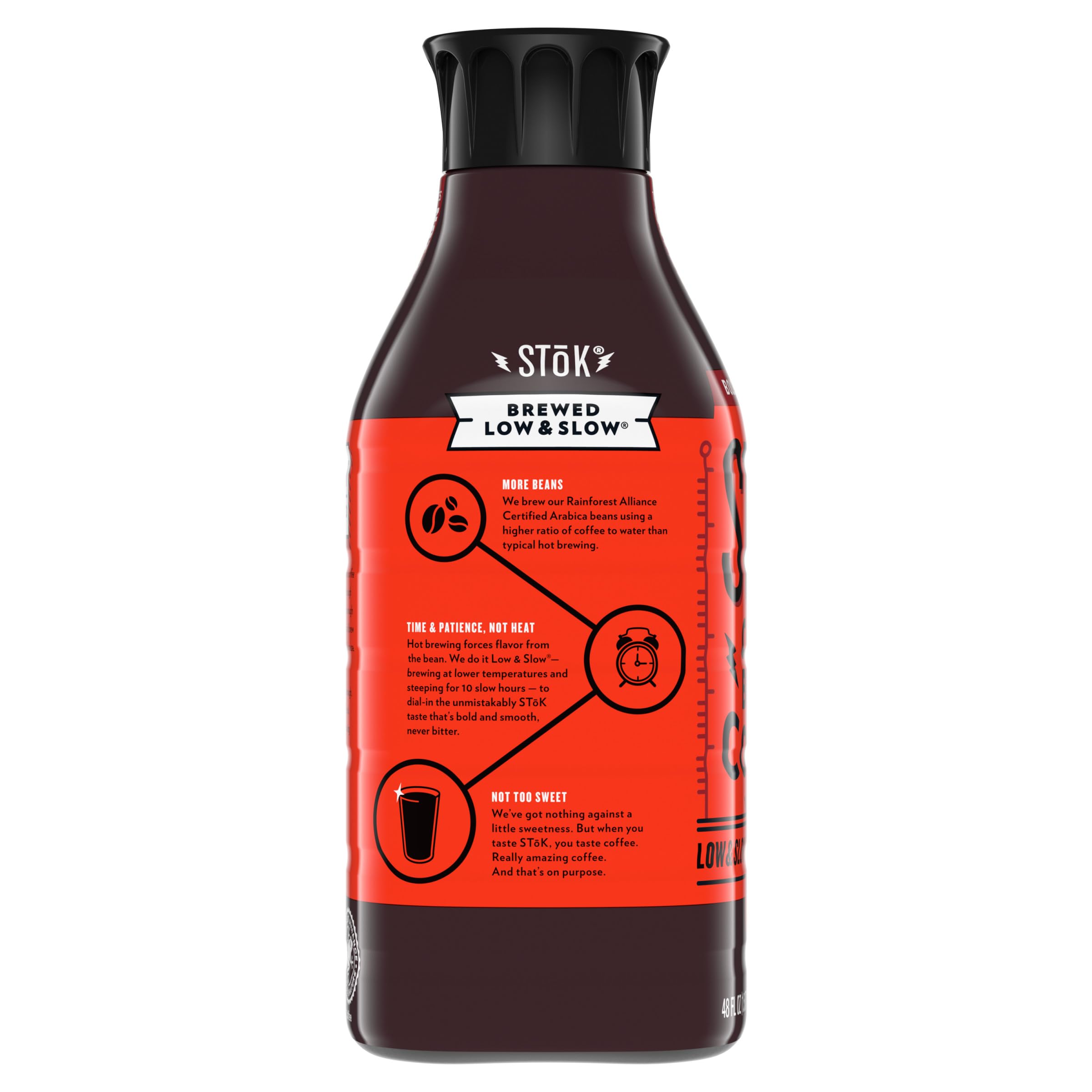 SToK Cold Brew Coffee, Not Too Sweet, Arabica-Based Blend, Dark Roast Brewed Low and Slow; Sweetened, Black Coffee, 48 FL OZ Bottle