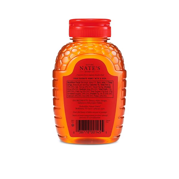 NATE’S HOT HONEY – 100% PURE HONEY INFUSED WITH HABANERO CHILI PEPPER FLAKES, AWARD-WINNING TASTE – 8 OZ SQUEEZE BOTTLE