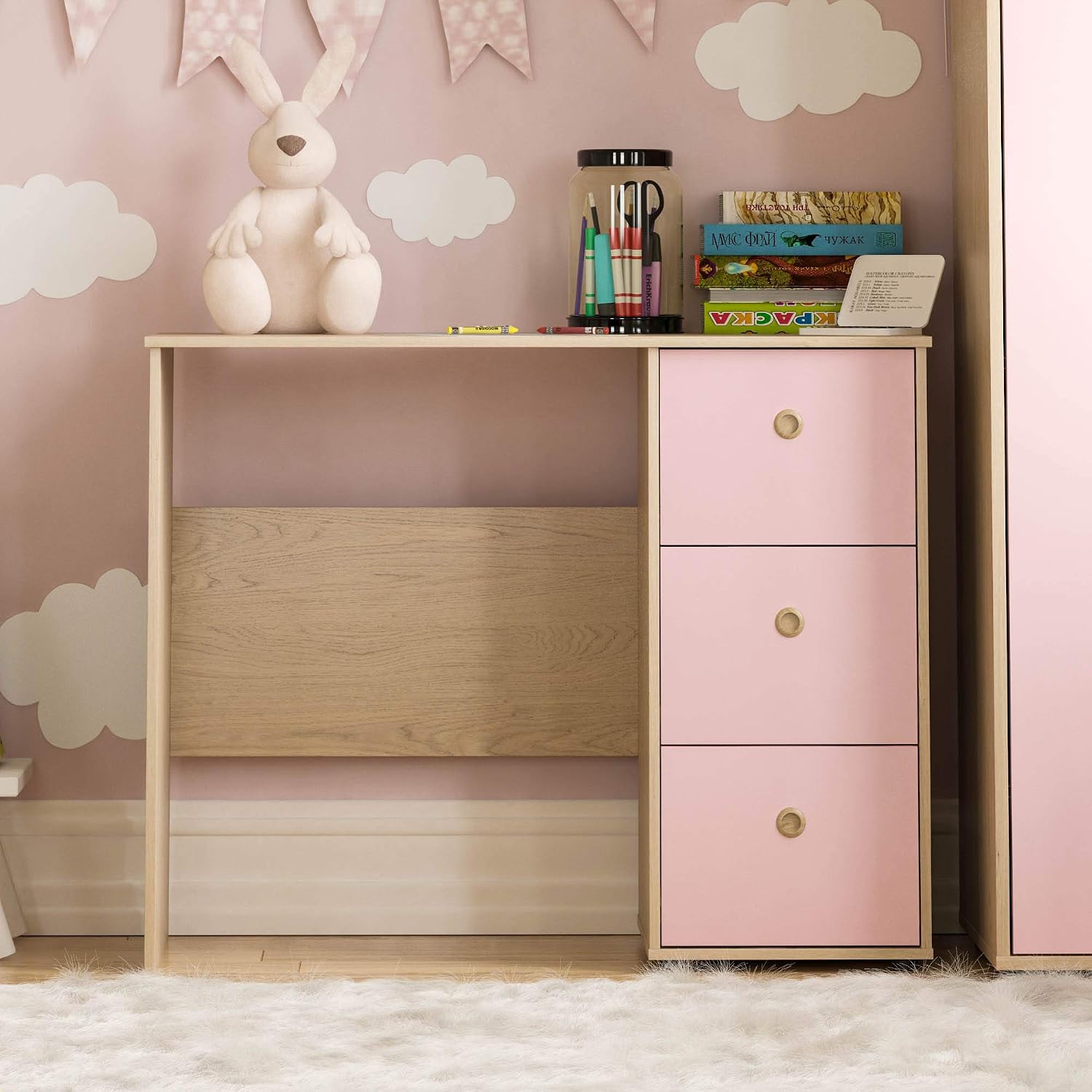 Junior Vida Neptune 3 Drawer Desk Computer Dressing Table PC/Laptop Home Study Workstation Children Kids Furniture (Pink & Oak) - Image 3