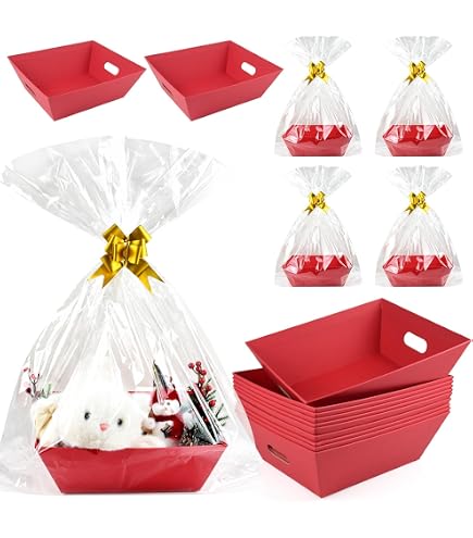 Fainne 20 Pcs Valentines 10 x 8 Empty Gift Baskets Kraft Cardboard Baskets with Handles Bulk Empty Gift Trays Containers for Valentines Wedding Holiday Basket Stuffer Decor(Red