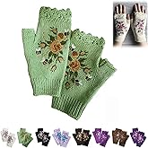 Firtideti Women's Hand Embroidered Knitted Flower Fingerless Gloves, Purple, One Size