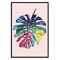 SIGNWIN Framed Canvas Wall Art Multicolor Rainbow Tropical Monsteras Leaves with Pink Botanical Plants Watercolor Abstract Modern Closeup Colorful for Living Room, Bedroom, Office - 16