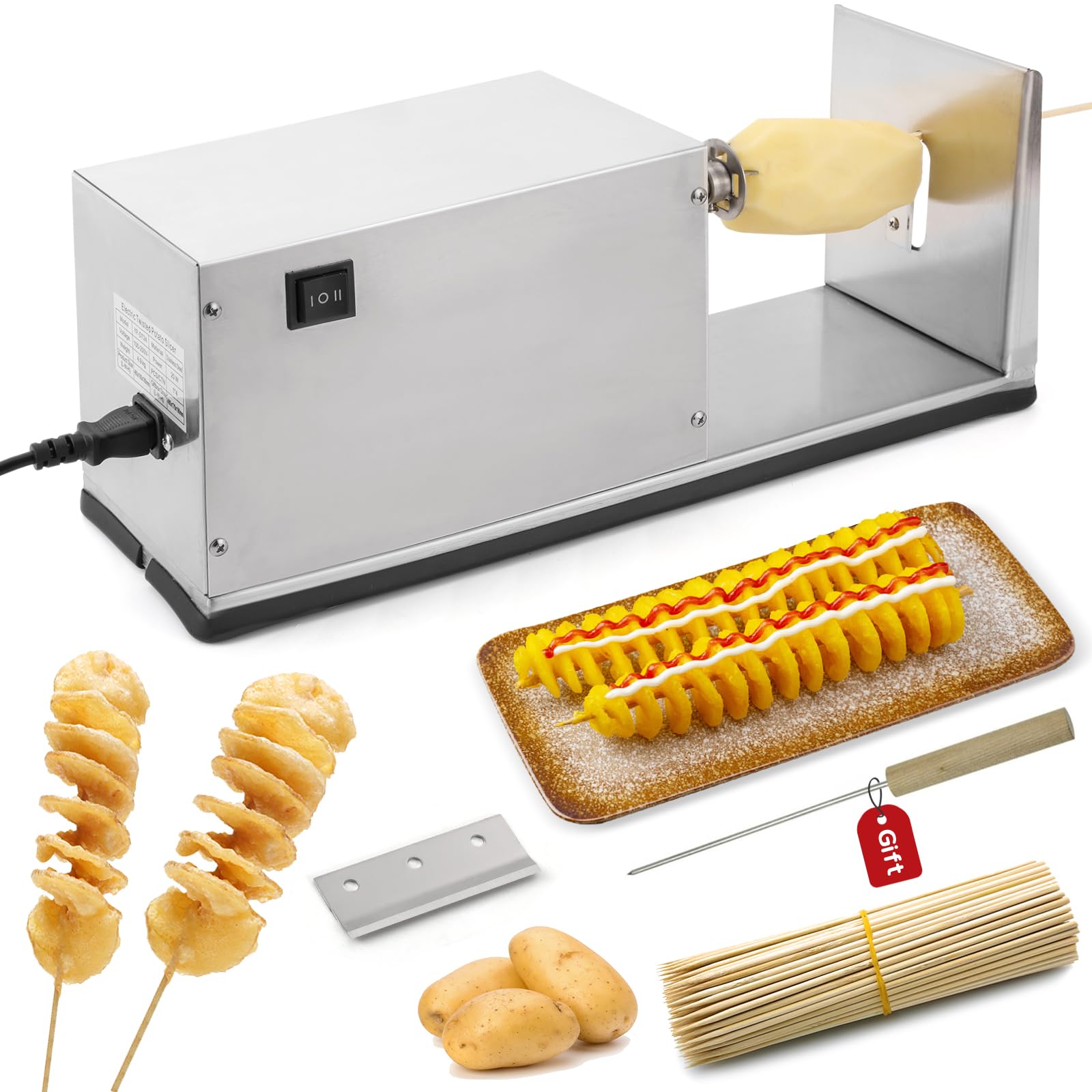 Photo 1 of CGOLDENWALL Potato Slicer Electric Potato Tornado Spiral Slicer with Free Bamboo Skewers Stainless Steel Automatic Twisted Potato Cutter Machine Vegetable Cutting Machine for Home Commercial Use 110V