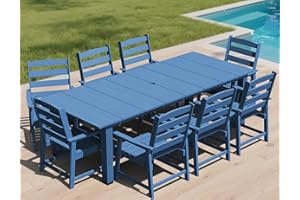 LOUNZY 9 Pieces Patio Dining Sets, 90'' Table Outdoor HDPE Furniture Set w/ 2" Hole Cut-Out Dining Table with 8 Patio Chairs for Lawn, Pool and Yard, Navy