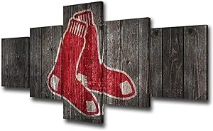 Sports Canvas Wall Art Boston Red Sox Team Logo Painting Major League Baseball Picture for Living Room Professional Baseball Artwork Home Decor Framed Stretched Ready to Hang 5 Panel(50Wx24H inches)