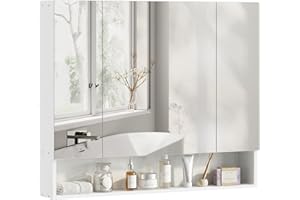 kleankin Bathroom Mirror Cabinet, 3 Door Medicine Cabinet with Adjustable Shelves & Open Shelf, Wall Mounted Bathroom Mirror 
