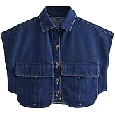 Fexmy Womens Denim Cropped Button Down Shirt Collared Sleeveless Summer Loose Jean Crop Top with Pockets