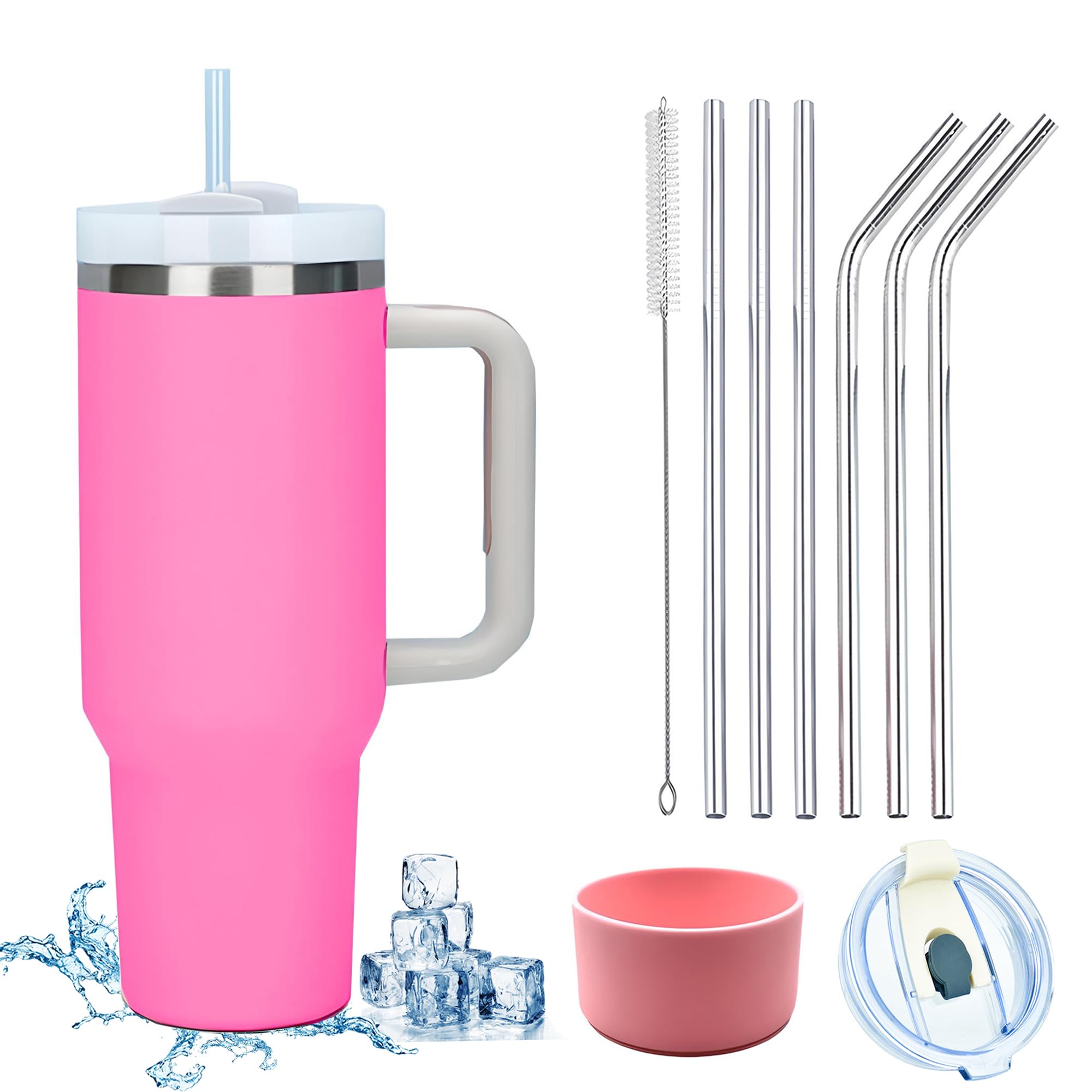 YuanDiann 1200 ml Insulated Mug Stainless Steel Double-Walled Coffee Cup with Handle Car Mug Cooling Cup Travel Mug with Straw & Leak-Proof Cup Lid & Silicone Cover Set of 10 Dark Pink