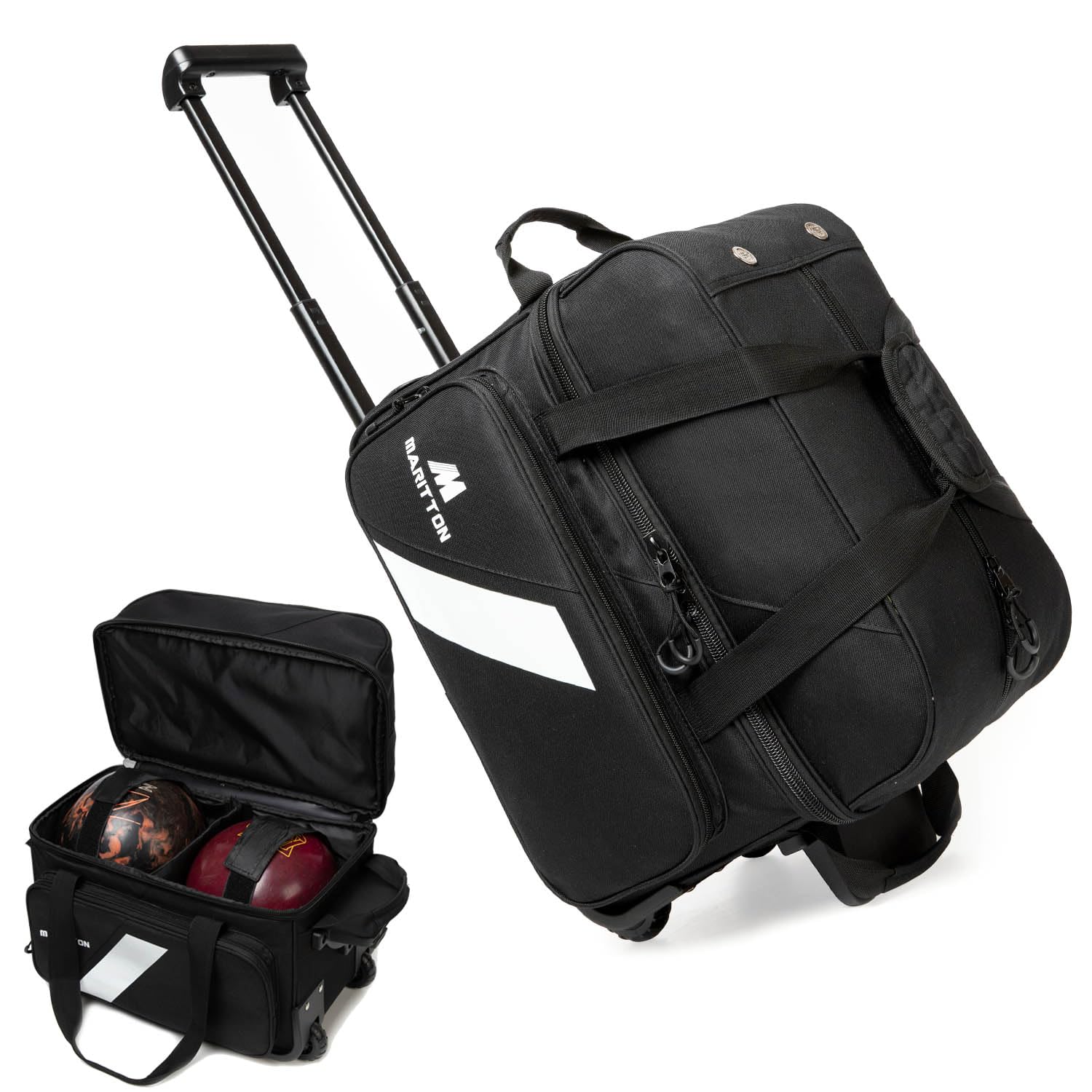 Photo 1 of MARITTON Bowling Bag with Wheels Double Roller 2 Ball Bowling Separate Shoe Compartment and Oversized Accessory Pocket, 36.6" Extendable Handle. (BLK)