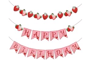 Strawberry Birthday Banner, Strawberry Themed Party Decorations Happy Birthday Hanging Banner for Baby Girl Shower Party Deco