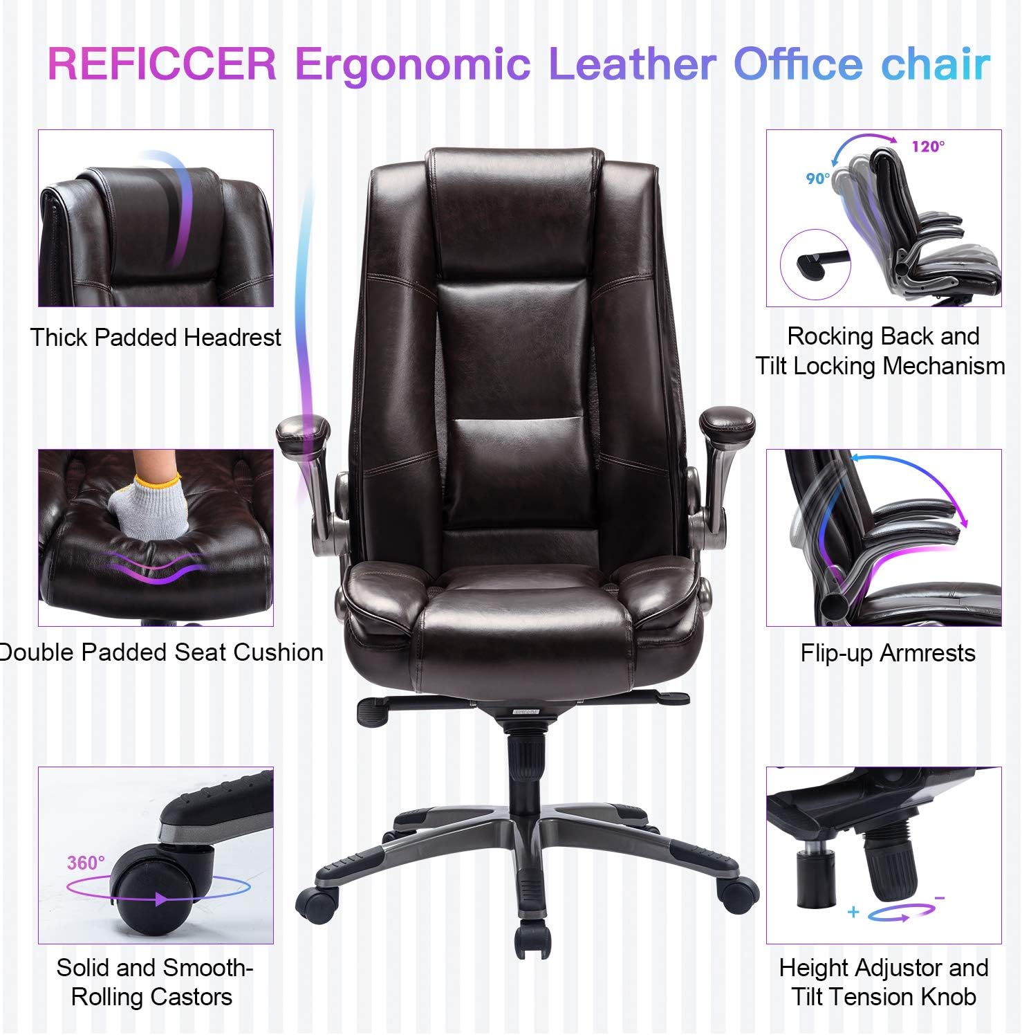 REFICCER High Back Office Chair, Bonded Leather Executive Computer Desk Swivel Chair with Adjustable Tilt Angle Flip-up Arms Thick Padding for Comfort and Ergonomic Design for Lumbar Support (Black): Kitchen & Dining