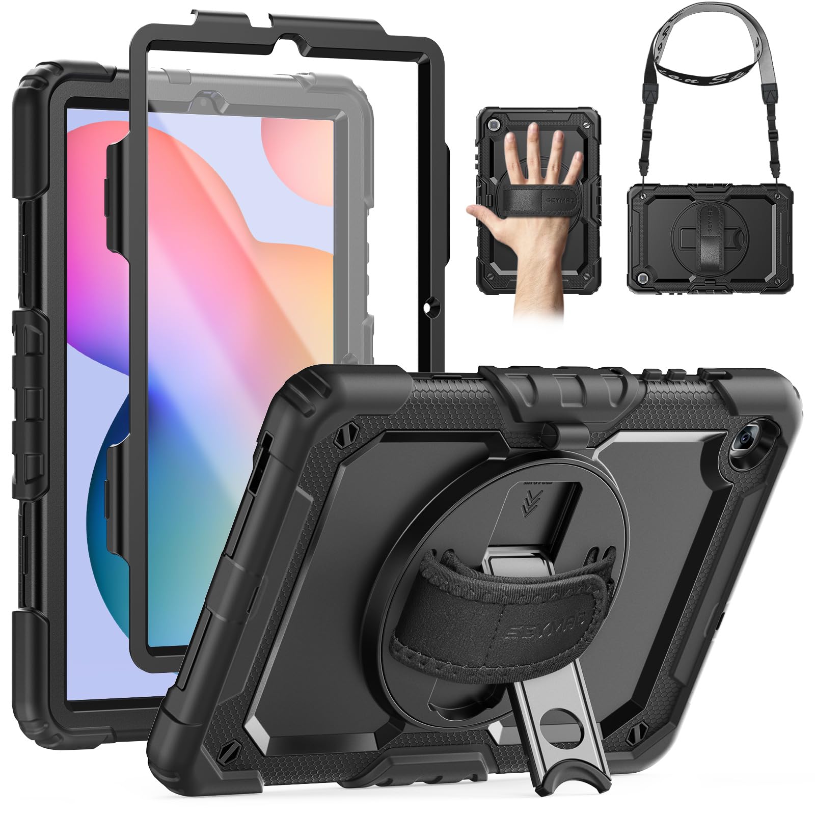 SEYMAC Case for Samsung Galaxy Tab S6 Lite 10.4 Inch 2024/2022/2020,Shockproof Case with 360 Rotating Stand/Hand Strap, [Shoulder Strap&Built-in Screen Protector] for Galaxy Tab S6 lite, Black