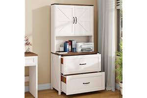Halitaa File Cabinet with 2 Drawer for Legal/Letter/A4 Size Hanging Files, Farmhouse Filing Cabinet with Adjustable Shelf, Large Wood File Cabinets for Home Office Printer Stand with Bookshelf, White