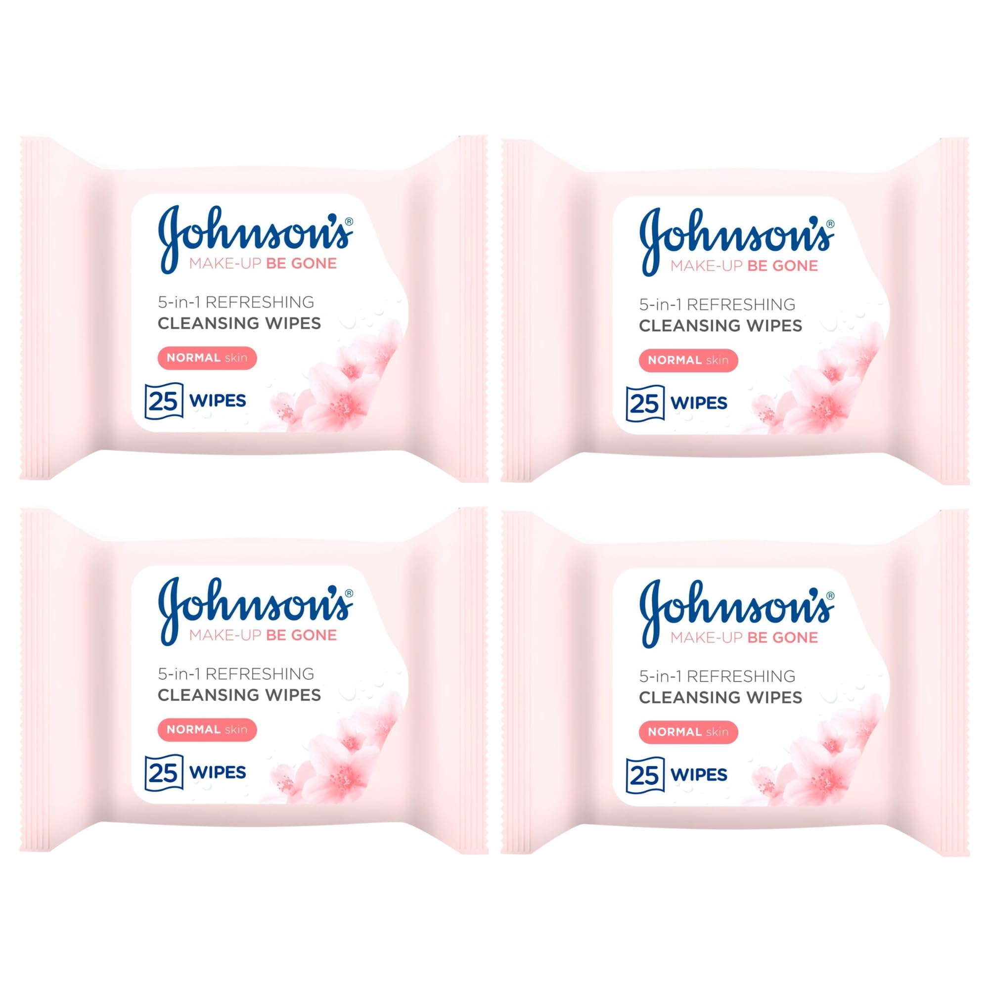 Makeup Remover Facial Wipes 4 PACK | 100 Wipes (25 x 4) Value MULTIPACK | For Waterproof Mascara | Johnsons Be Gone | Refreshing for Normal Skin Cleansing