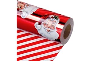 LaRibbons Vintage Santa Foil Wrapping Paper Roll – Double-Sided Christmas Gift Wrap with Candy Cane Stripes, 17 Inch × 33 Fee