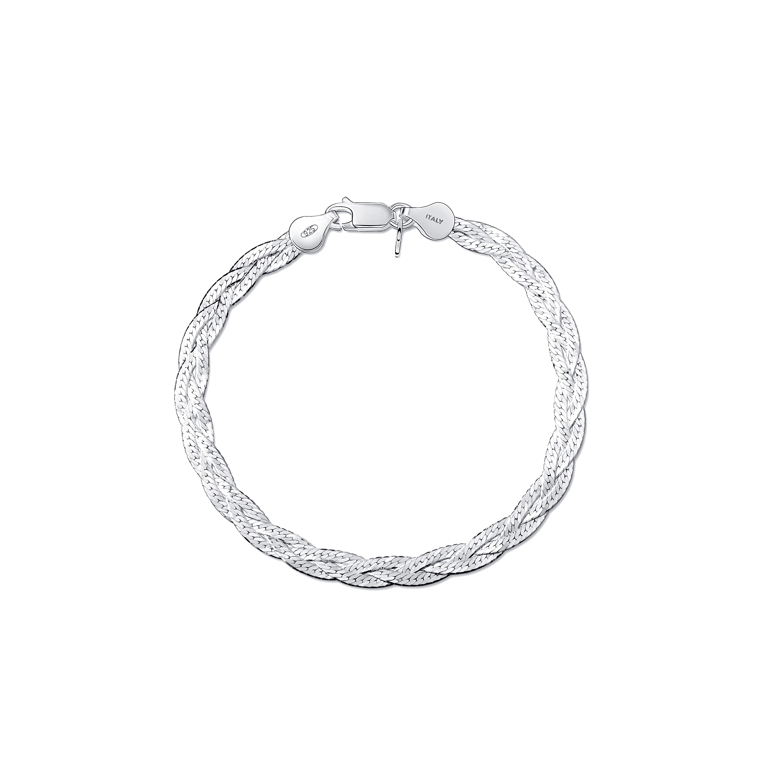 Amberta Women's 925 Sterling Silver Braided Herringbone Chain Bracelet (Length 7.5 inch): Silver — image 1