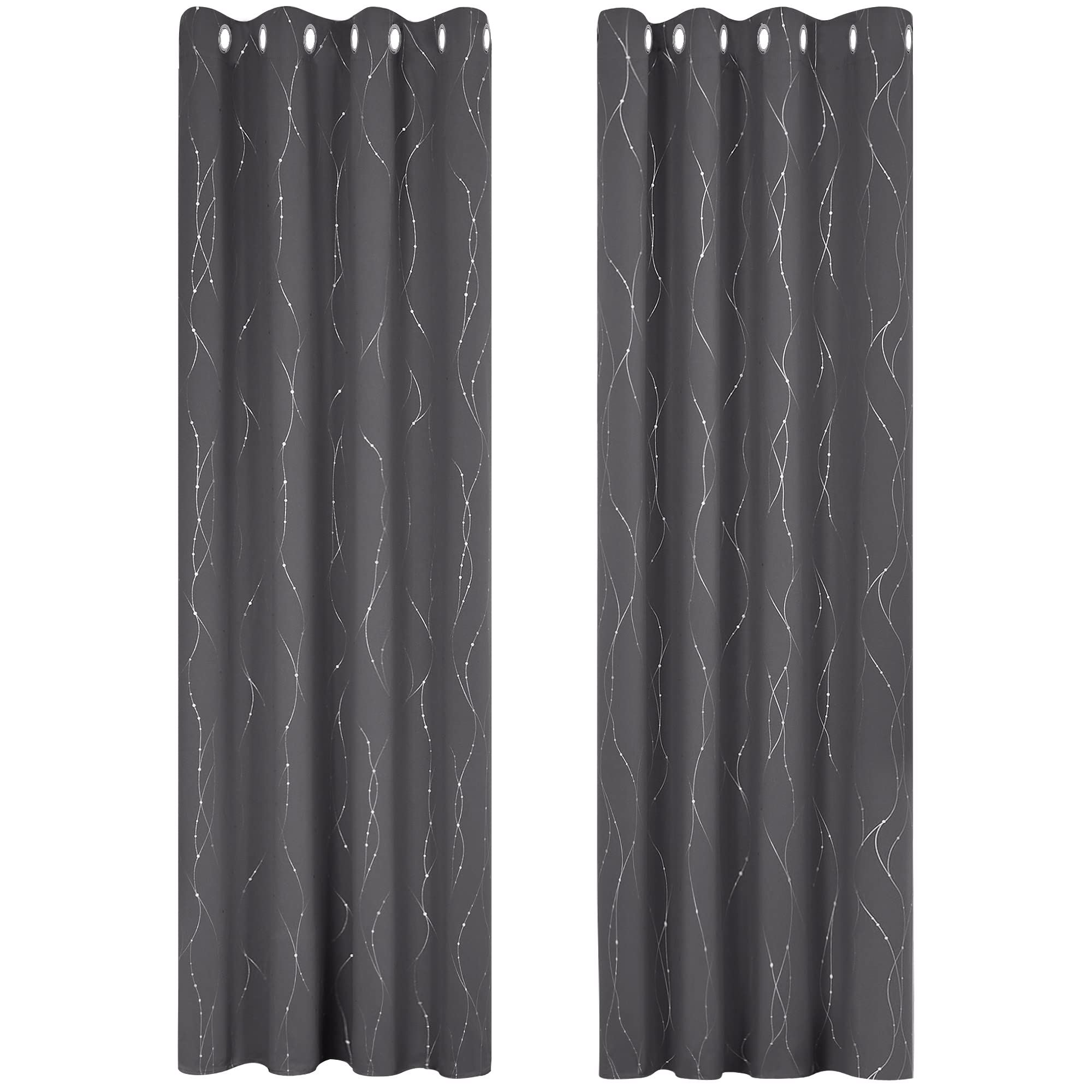 Deconovo Set of 2 Dark Grey Thermal Insulated Anti-Cold Blackout Curtains for Boys with Silver Printed Lines 140 x 180 cm — image 1