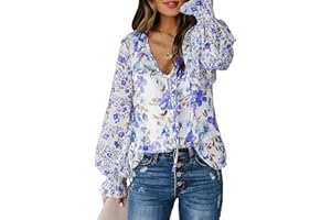 Biucly Women's Casual Boho Floral Print V Neck Long Sleeve Drawstring Tops Loose Blouses Button Down Shirts