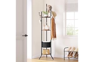 Hoctieon Coat Rack Freestanding, Round Coat Rack with 3 Wooden Shelves and 1 Fabric Basket, Metal Clothes Tree with 5 Hooks, Coat Hanger Stand for Clothes, Hats, Bags, Brown and Black