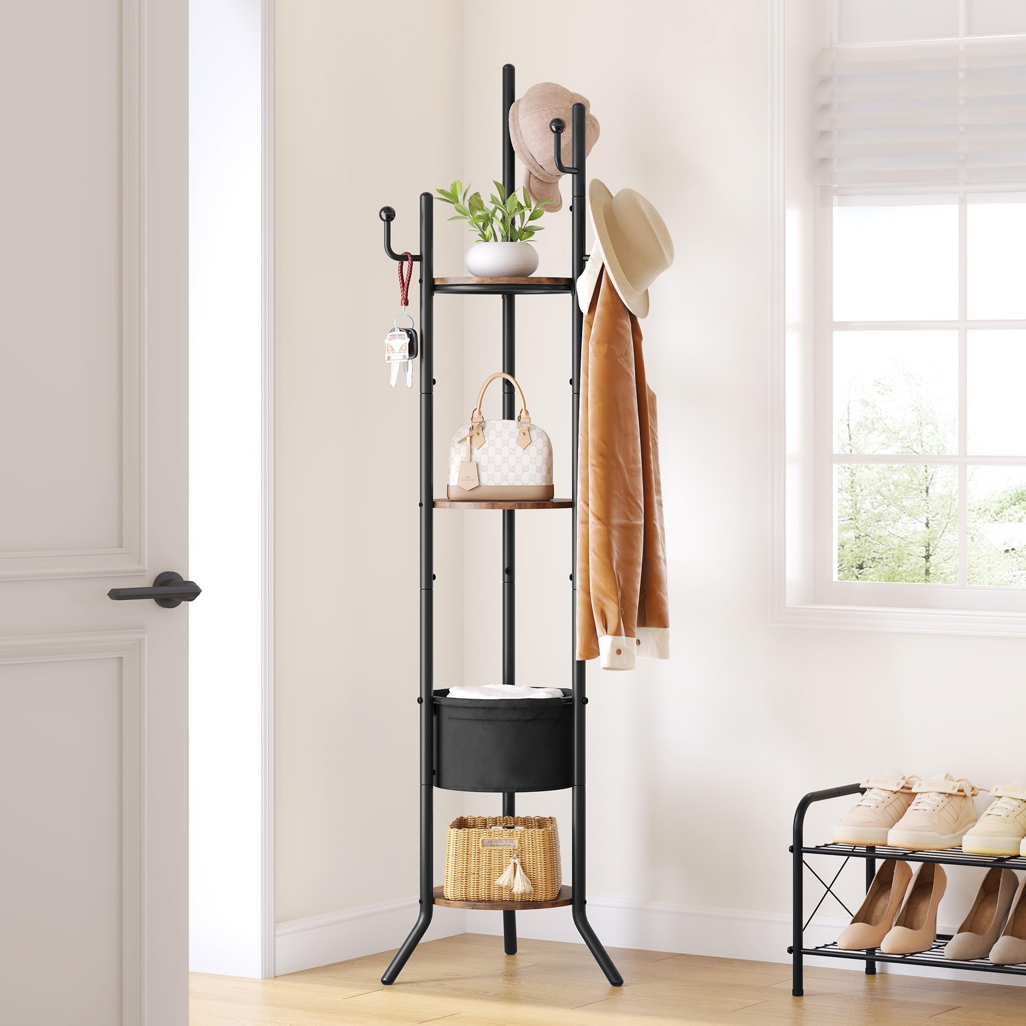 Photo 1 of Hoctieon Coat Rack Freestanding, Round Coat Rack with 3 Wooden Shelves and 1 Fabric Basket, Metal Clothes Tree with 5 Hooks, Coat Hanger Stand for Clothes, Hats, Bags, Brown and Black