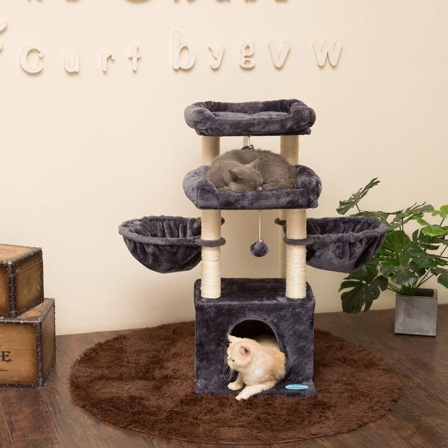 Hey-brother 37.8 inches Medium-Size Cat Tree for 3 Cats Use with Luxury Condo, Cat Tower with 2 Padded Plush Perches and 2 Cozy Baskets, Smoky Gray MPJ006G : Pet Supplies