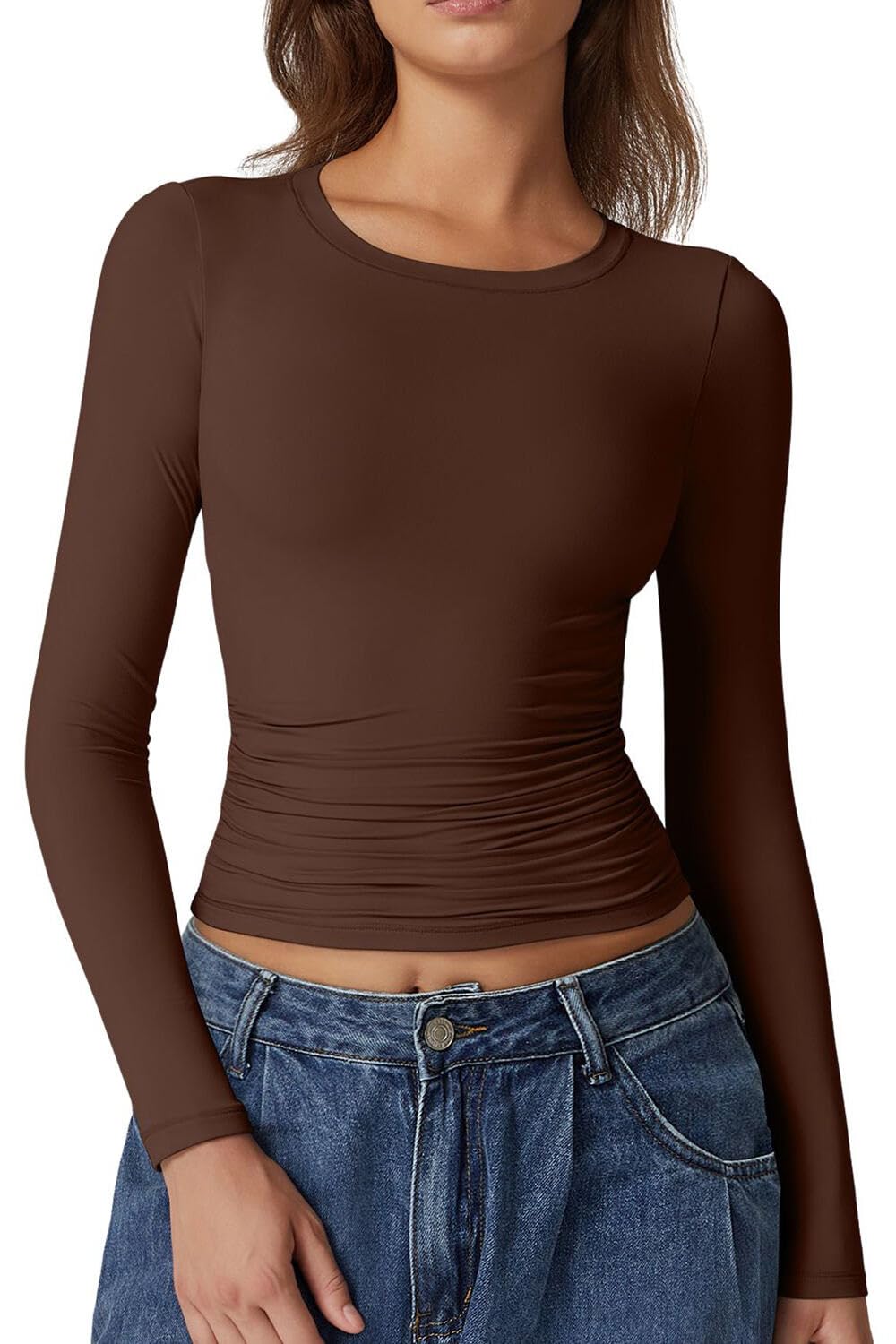 Photo 1 of QINSEN Double Lined Long Sleeve Shirts for Women Crewneck Ruched Slim Fit Y2k Tops Going Out Tees Mocha XL