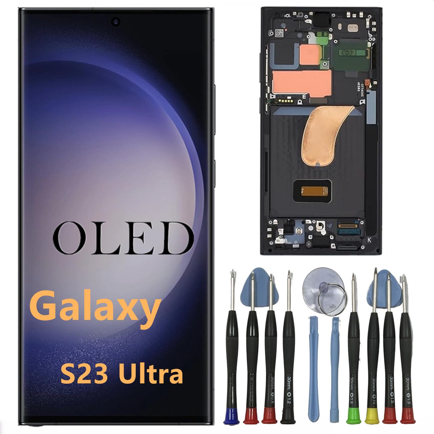 Photo 1 of OLED Galaxy S23 Ultra Screen Replacement for Samsung S23ultra 5G Display Touch Screen Digitizer Assembly S918U S918B/DS S918U1 S918W S918E LCD Support Fingerprint and S-Pen (with Black Frame+Tools)