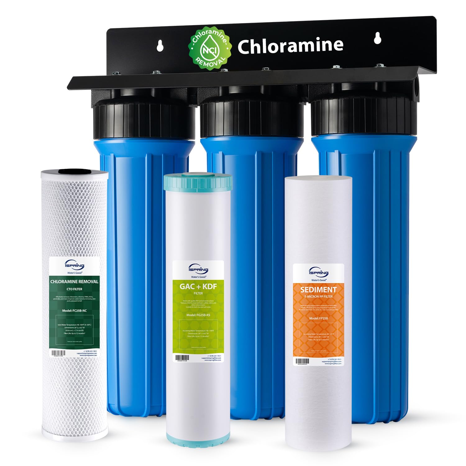 iSpring Chloramine & Heavy Metals Removal Whole House Water Filter System, SGS-Tested, Reduces Lead, Chlorine, Sediment and up to 94.4% of Chloramine, 20” x 4.5” Filters, Model: WGB32B-KSNC Image