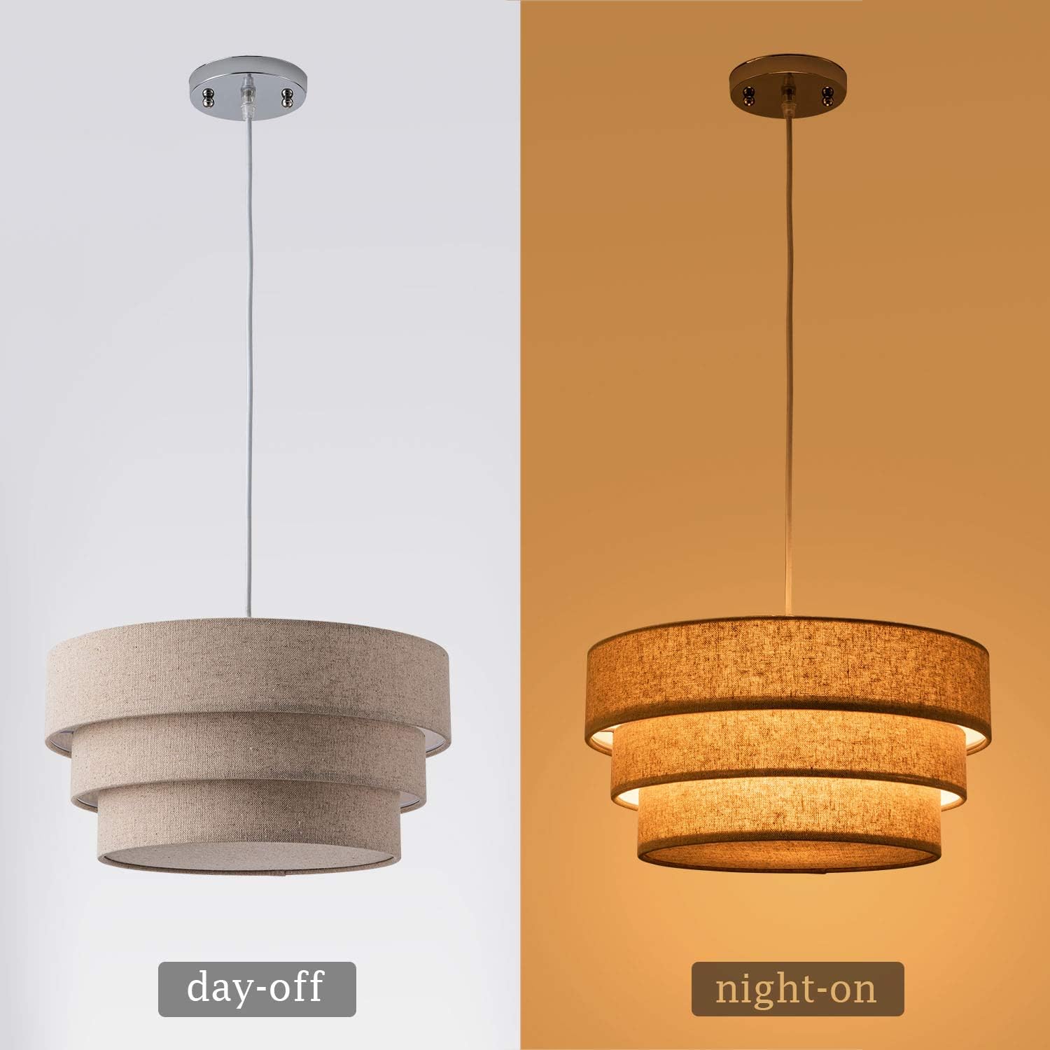 Rustic Pendant Lighting with Grey Linen Fabrics Lampshade Drum Pendant Light Modern Chandelier Adjustable Hanging Light Fixture for Kitchen, Foyer, Dining Room, Entryway Hallway Polished Nickel Finish - - 