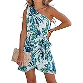 CUPSHE Women's One Shoulder Leaf Print Self-tie Short Dress Sleeveless Tiered Hem Formal Dress Casual Mini Dress