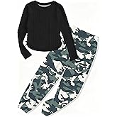 Kiuvinu Girls Clothes Long Sleeve Ribbed Knit Drawstring Top Camouflage Pants 2 Piece Girl Fall Winter Outfit Set