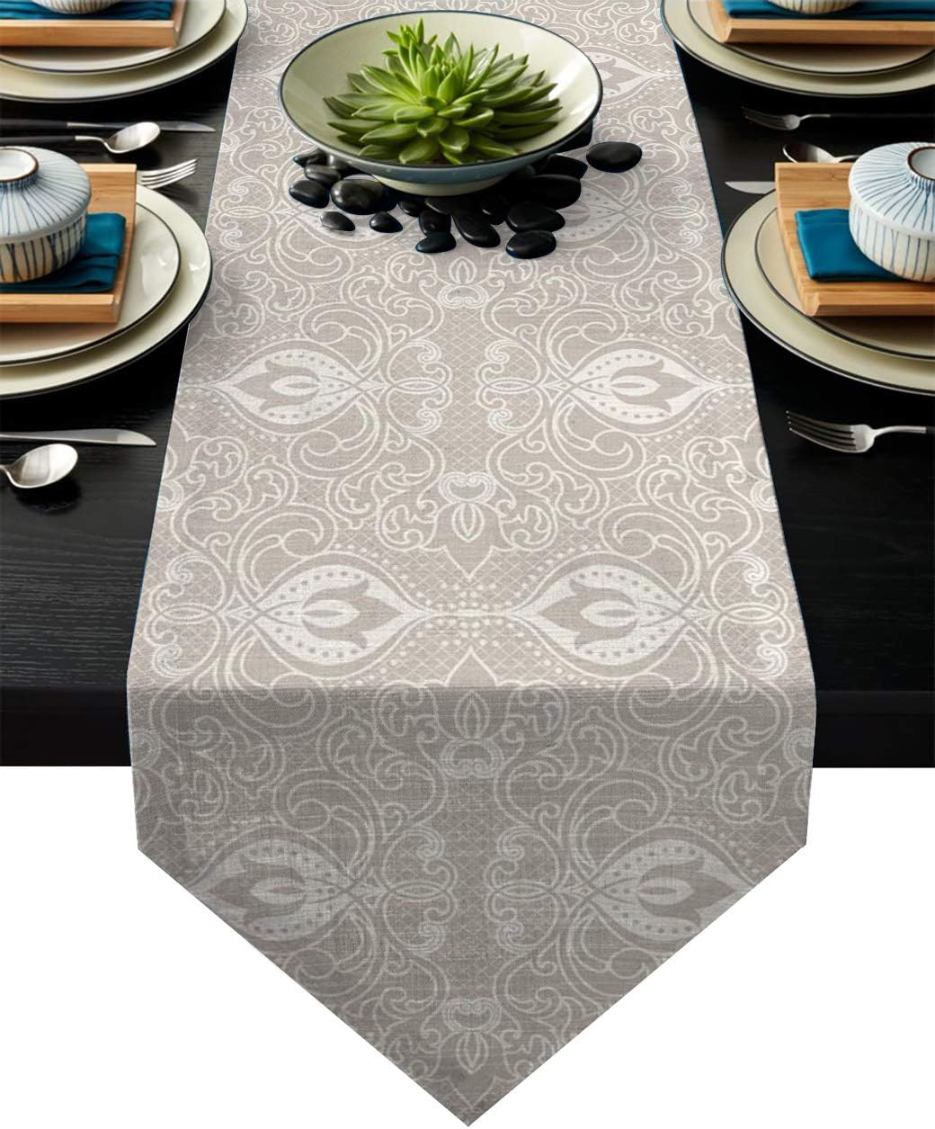 Cotton Linen Table Runner Triangle Trim Design, Baroque