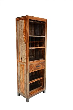 G Fine Furniture Wooden Open Long Bar Cabinet | Bar Accessories | Sheesham Wood & Iron, Brown