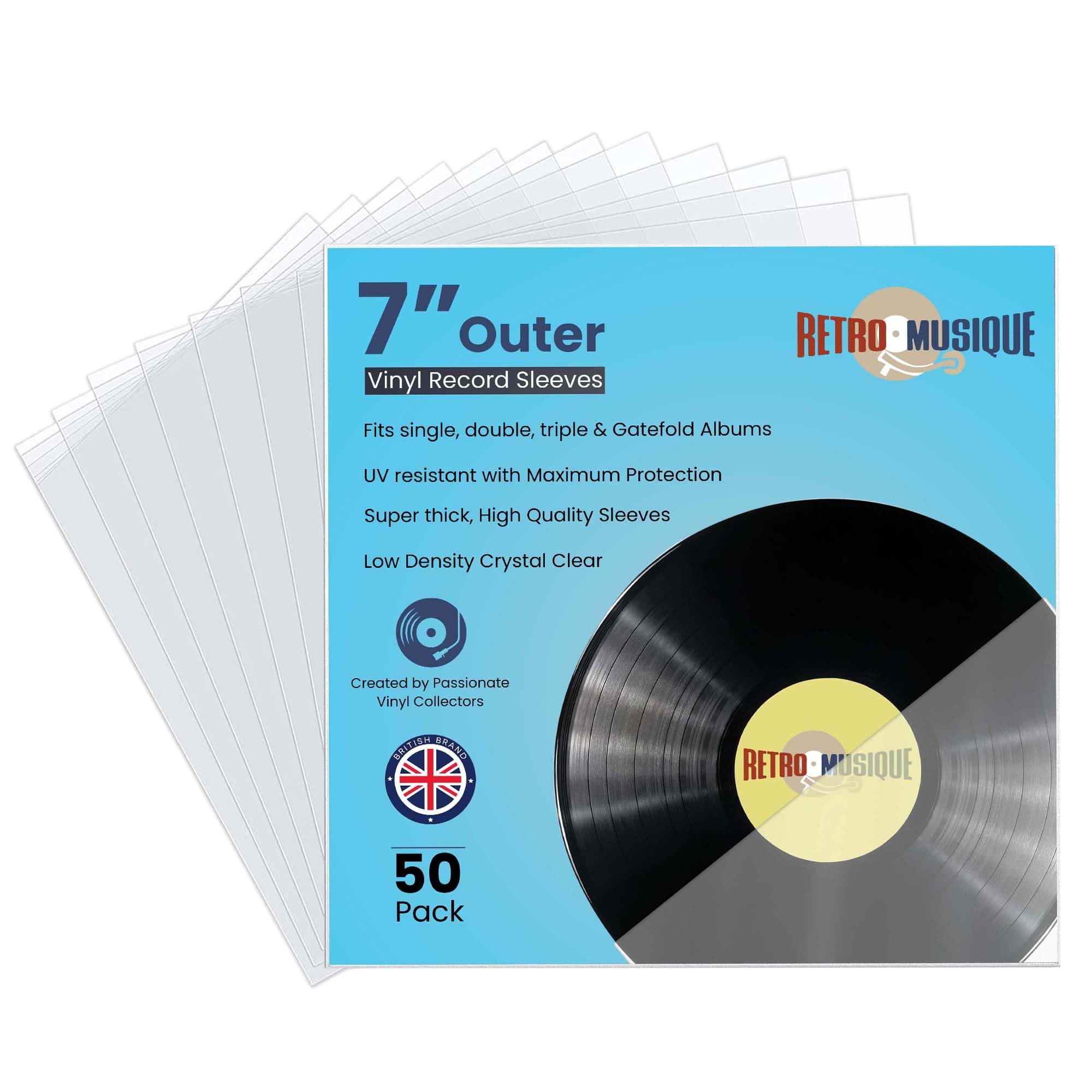 Retro Musique Super Thick Pack of 50 x 7 Inch Vinyl Sleeves | Crystal Clear Outer 7 Inch Record Sleeves Made from Durable Polyethylene | Non-Split Vinyl Sleeves 7 Inch